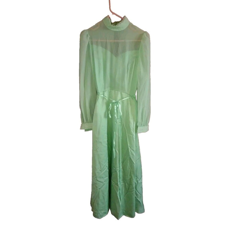 VTG 50s Ladies Green Chiffon & Lace Pleated Dress Long Sleeve Belt Handmade